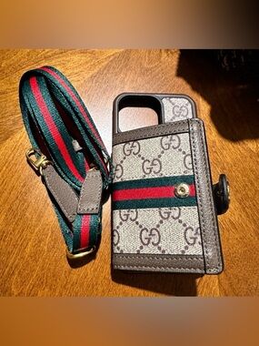 Brown Monogram Phone Crossbody Case with Green and Red Stripe iPhone 13 Pro Max